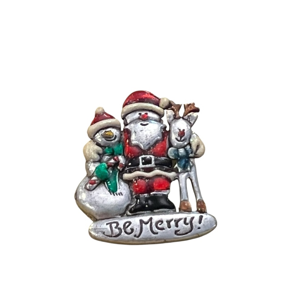 Vintage Signed AJMC Santa BE MERRY Christmas Metal & Enameled Brooch Pin Festive
